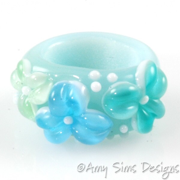 Regaliz Bead: Poseidon Aqua Floral Artisan Lampwork Glass Focal B0907-7