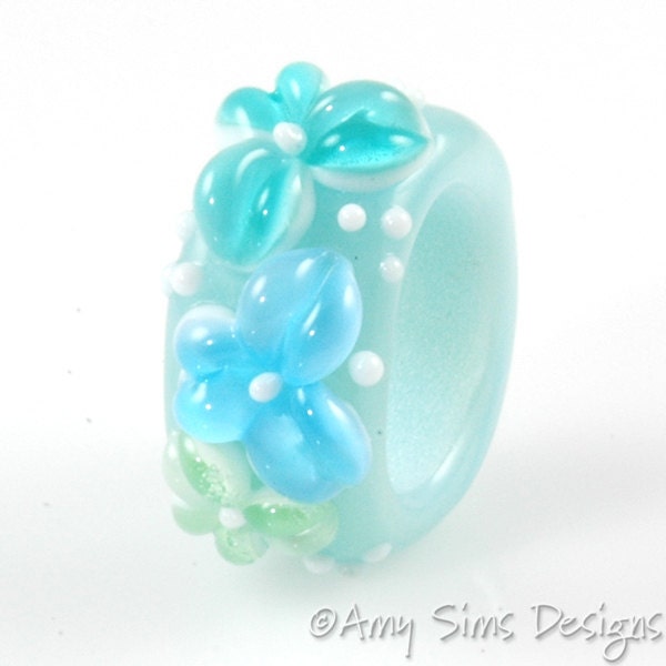 Regaliz Bead: Poseidon Aqua Floral Artisan Lampwork Glass Focal B0907-7