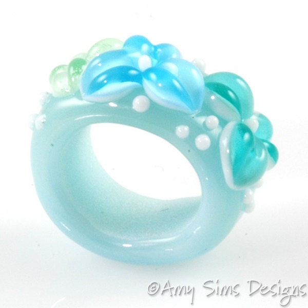 Regaliz Bead: Poseidon Aqua Floral Artisan Lampwork Glass Focal B0907-7