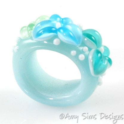 Regaliz Bead: Poseidon Aqua Floral Artisan Lampwork Glass Focal B0907-7