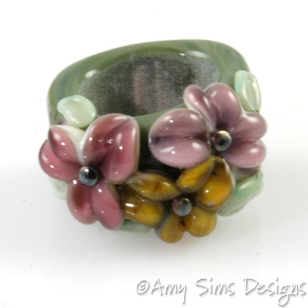 Regaliz Bead: Olive Purple Floral Artisan Lampwork Glass Focal