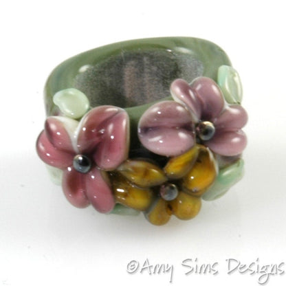 Regaliz Bead: Olive Purple Floral Artisan Lampwork Glass Focal