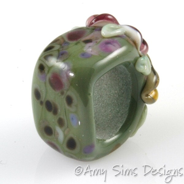 Regaliz Bead: Olive Purple Floral Artisan Lampwork Glass Focal