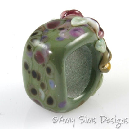 Regaliz Bead: Olive Purple Floral Artisan Lampwork Glass Focal