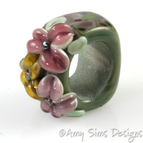 Regaliz Bead: Olive Purple Floral Artisan Lampwork Glass Focal