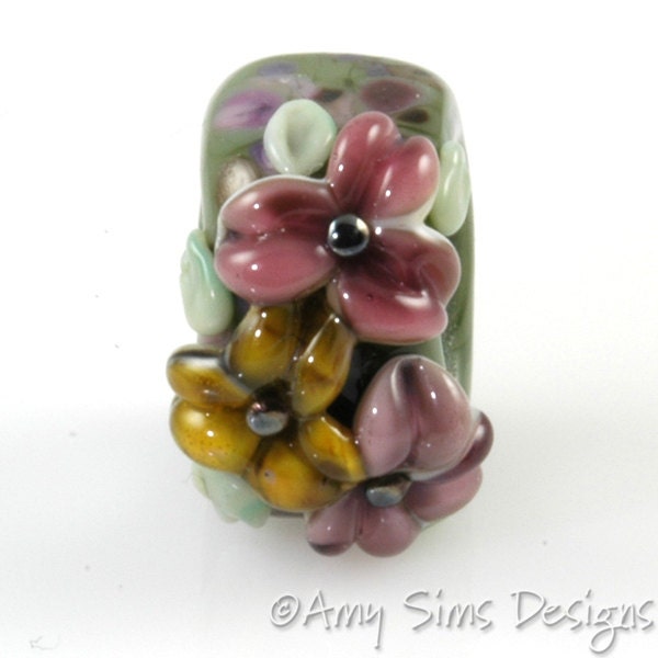 Regaliz Bead: Olive Purple Floral Artisan Lampwork Glass Focal