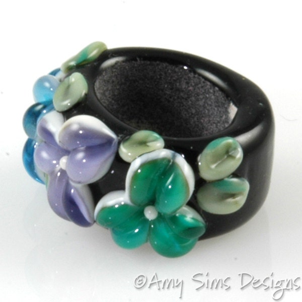 Regaliz Bead: Aqua Purple and Teal Floral Artisan Lampwork Glass Focal B0907-10
