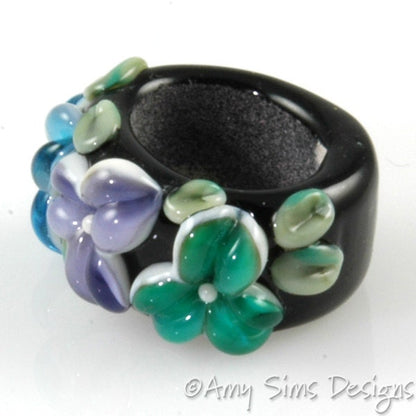 Regaliz Bead: Aqua Purple and Teal Floral Artisan Lampwork Glass Focal B0907-10