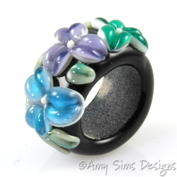 Regaliz Bead: Aqua Purple and Teal Floral Artisan Lampwork Glass Focal B0907-10