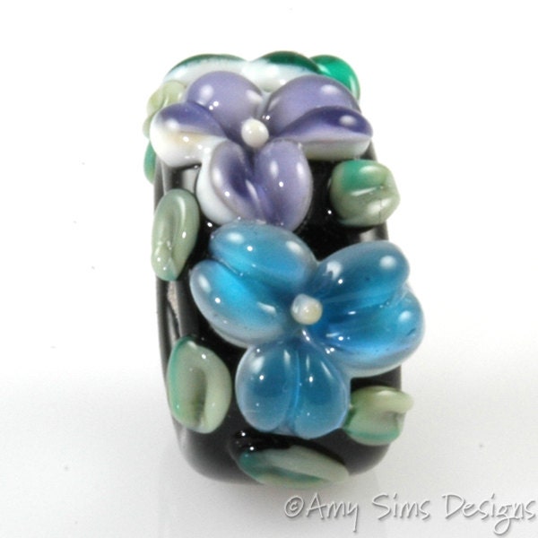 Regaliz Bead: Aqua Purple and Teal Floral Artisan Lampwork Glass Focal B0907-10