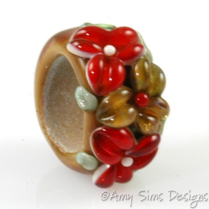 Regaliz Bead: Cinnamon Red Floral Artisan Lampwork Glass Focal