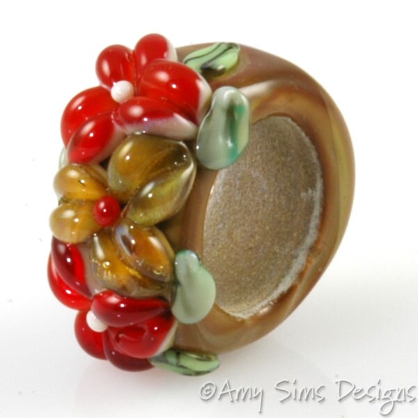 Regaliz Bead: Cinnamon Red Floral Artisan Lampwork Glass Focal