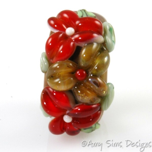 Regaliz Bead: Cinnamon Red Floral Artisan Lampwork Glass Focal