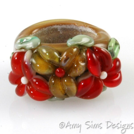 Regaliz Bead: Cinnamon Red Floral Artisan Lampwork Glass Focal