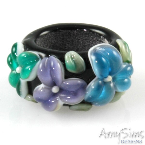 Regaliz Bead: Aqua Purple and Teal Floral Artisan Lampwork Glass Focal B0907-10