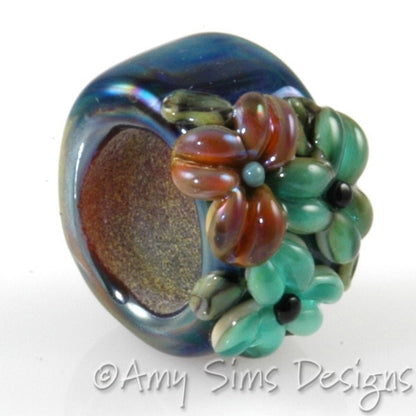 Regaliz Bead: Teal and Pink Floral Artisan Lampwork Glass Focal