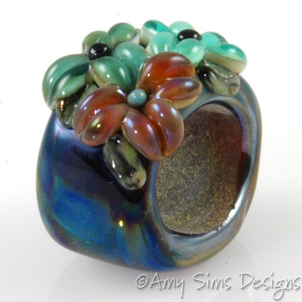 Regaliz Bead: Teal and Pink Floral Artisan Lampwork Glass Focal