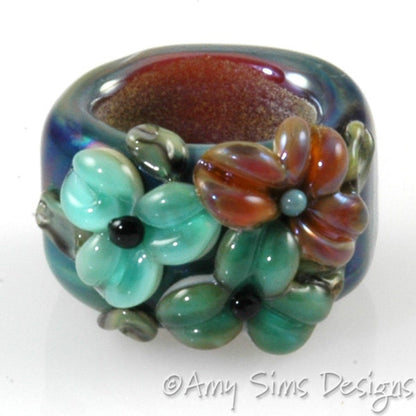 Regaliz Bead: Teal and Pink Floral Artisan Lampwork Glass Focal