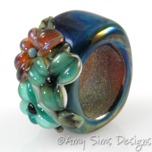 Regaliz Bead: Teal and Pink Floral Artisan Lampwork Glass Focal