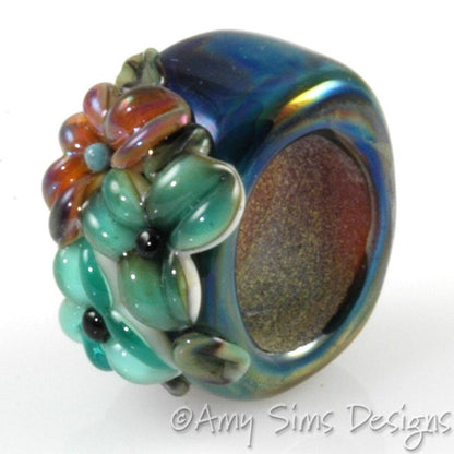 Regaliz Bead: Teal and Pink Floral Artisan Lampwork Glass Focal