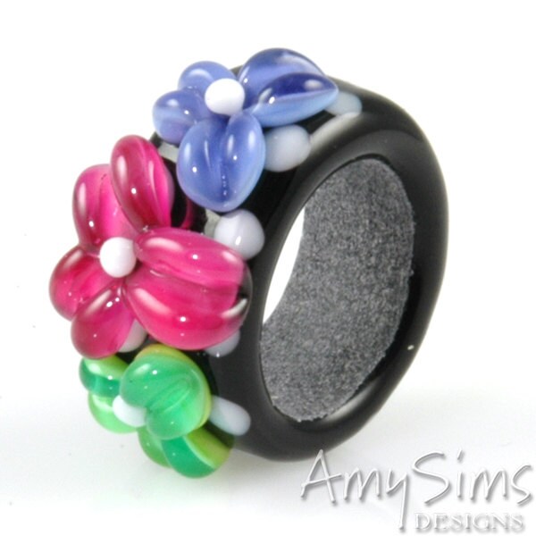 Regaliz Bead: Pink Purple and Green Floral Artisan Lampwork Glass Focal