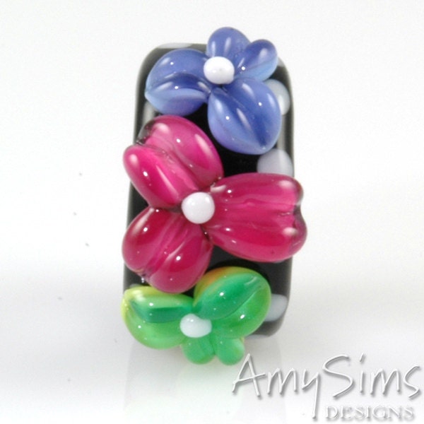 Regaliz Bead: Pink Purple and Green Floral Artisan Lampwork Glass Focal