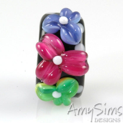 Regaliz Bead: Pink Purple and Green Floral Artisan Lampwork Glass Focal