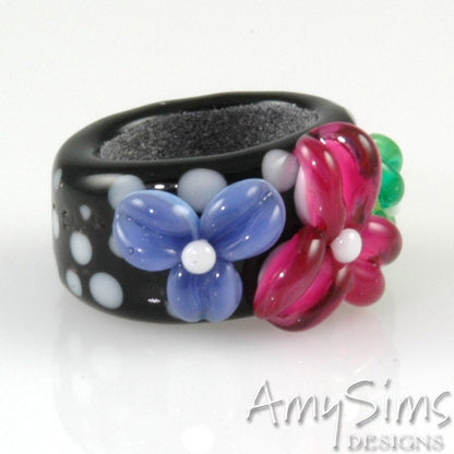Regaliz Bead: Pink Purple and Green Floral Artisan Lampwork Glass Focal