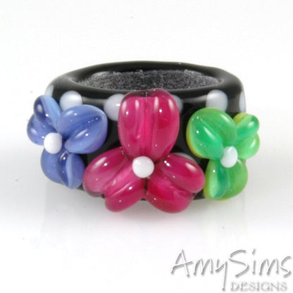 Regaliz Bead: Pink Purple and Green Floral Artisan Lampwork Glass Focal