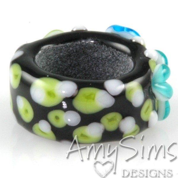 Regaliz Bead: Auqa Teal and Lime Floral Artisan Lampwork Glass Focal B0907-18