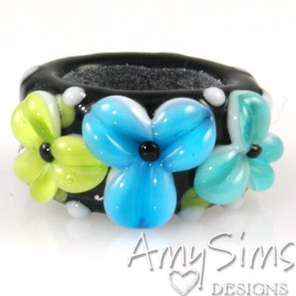 Regaliz Bead: Auqa Teal and Lime Floral Artisan Lampwork Glass Focal B0907-18