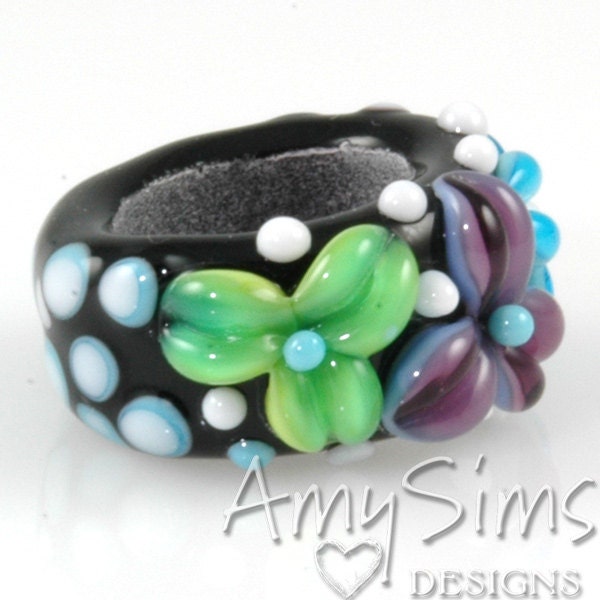 Regaliz Bead: Aqua Purple & Green Floral Artisan Lampwork Glass Focal