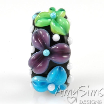 Regaliz Bead: Aqua Purple & Green Floral Artisan Lampwork Glass Focal