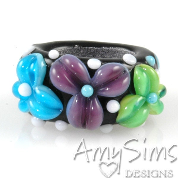 Regaliz Bead: Aqua Purple & Green Floral Artisan Lampwork Glass Focal