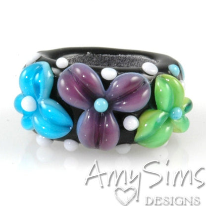 Regaliz Bead: Aqua Purple & Green Floral Artisan Lampwork Glass Focal
