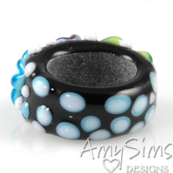 Regaliz Bead: Aqua Purple & Green Floral Artisan Lampwork Glass Focal