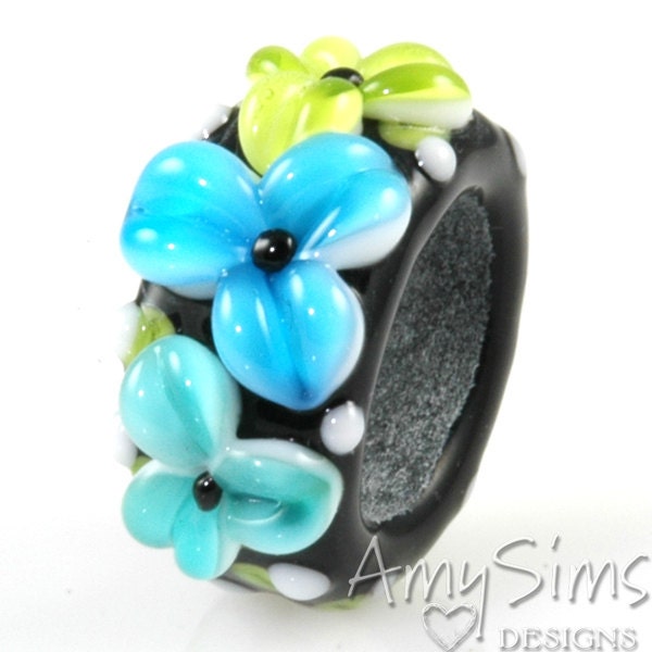 Regaliz Bead: Auqa Teal and Lime Floral Artisan Lampwork Glass Focal B0907-18