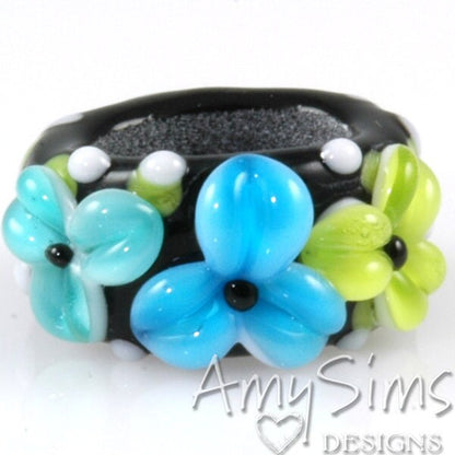 Regaliz Bead: Auqa Teal and Lime Floral Artisan Lampwork Glass Focal B0907-18