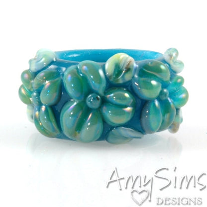 Regaliz Atlantis Blue Shimmer Floral Artisan Lampwork Glass Focal Bead B0907-6