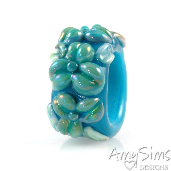 Regaliz Atlantis Blue Shimmer Floral Artisan Lampwork Glass Focal Bead B0907-6