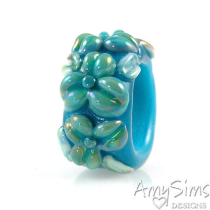 Regaliz Atlantis Blue Shimmer Floral Artisan Lampwork Glass Focal Bead B0907-6