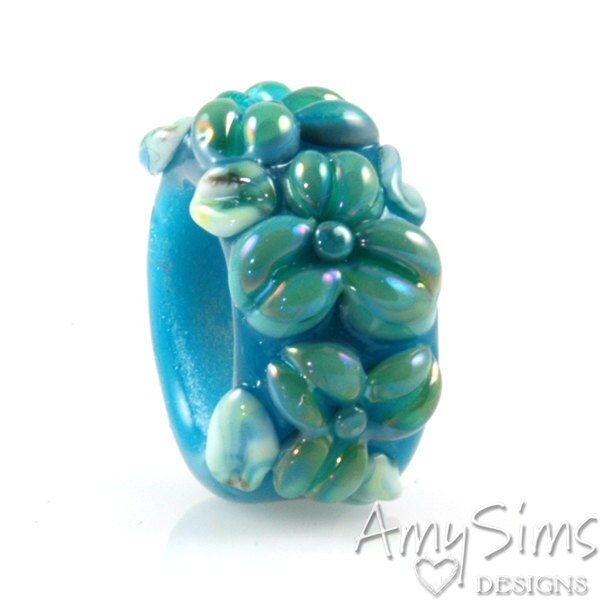 Regaliz Atlantis Blue Shimmer Floral Artisan Lampwork Glass Focal Bead B0907-6