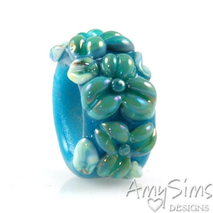 Regaliz Atlantis Blue Shimmer Floral Artisan Lampwork Glass Focal Bead B0907-6