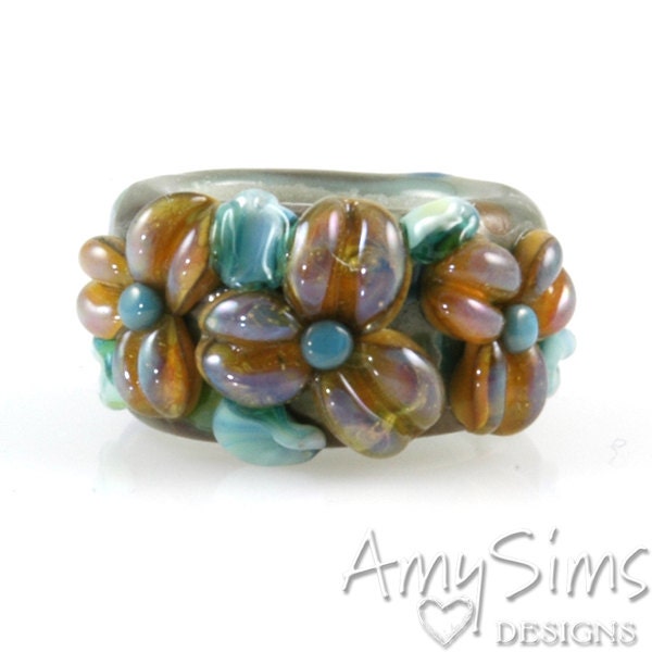Regaliz Coppery Green Shimmer Floral Artisan Lampwork Glass Focal Bead