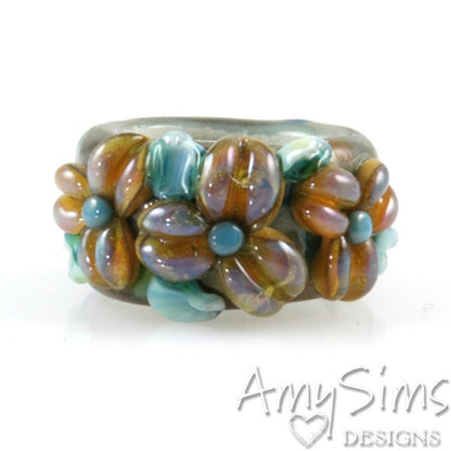 Regaliz Coppery Green Shimmer Floral Artisan Lampwork Glass Focal Bead