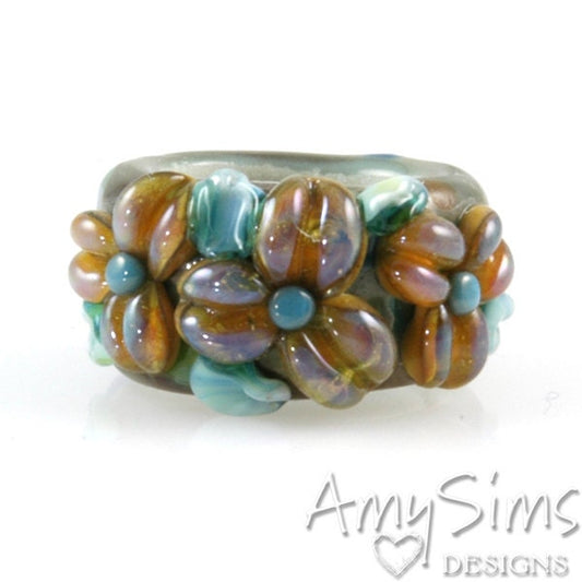 Regaliz Coppery Green Shimmer Floral Artisan Lampwork Glass Focal Bead