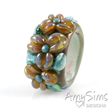 Regaliz Coppery Green Shimmer Floral Artisan Lampwork Glass Focal Bead