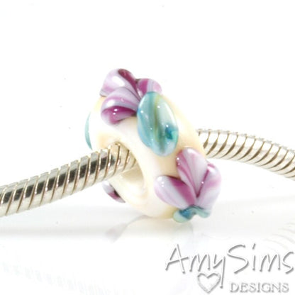 Purple Pink Flower Buds Glass Artisan Lampwork Glass Bead SRA
