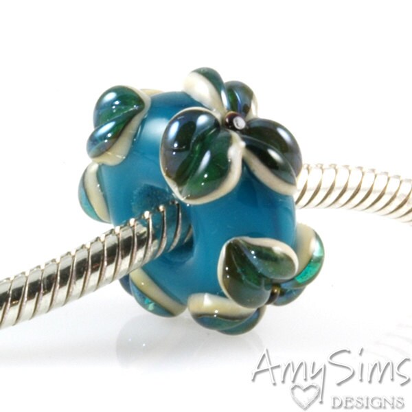 Iridescent Blue Flowers Lampwork Glass European Charm Bead SRA