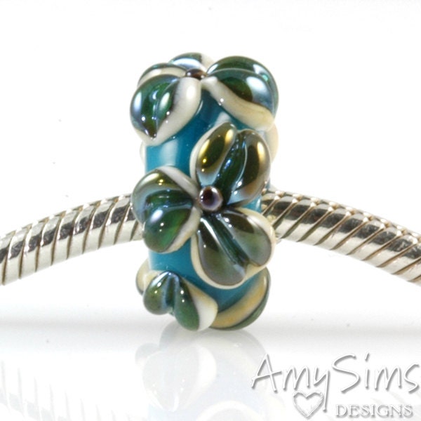 Iridescent Blue Flowers Lampwork Glass European Charm Bead SRA